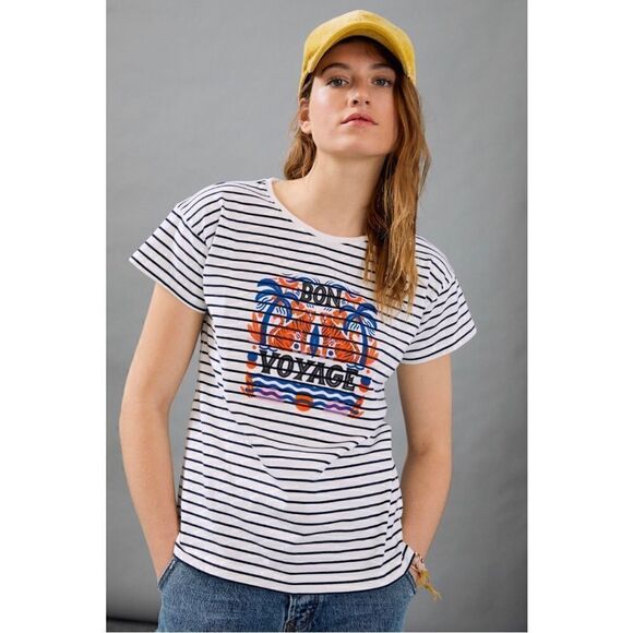 NEW Anthropologie Super Nice Letters Bon Voyage Wanderlust Graphic Tee Medium - Picture 1 of 4